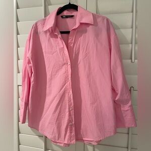 Zara Pink Button-Up Poplin Shirt SzS Cool Girl Career Hot Pink Minimalist